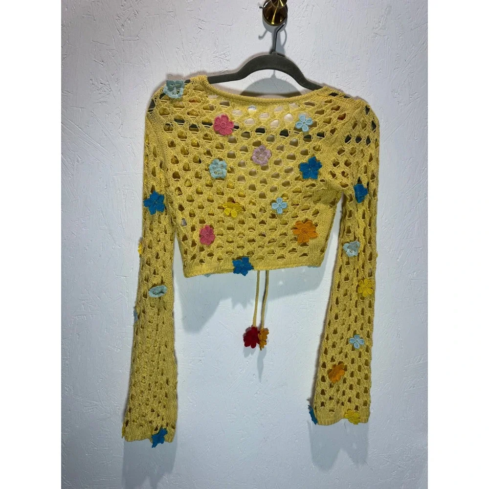 Lovers and Friends Yellow Flower Power Crochet 2 Piece Set Crop Top Skirt XXS